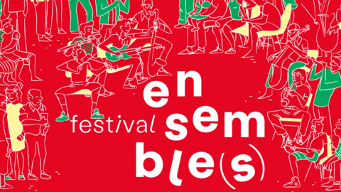 Logo des Festival Ensemble(s) - darum gezeichnete Menschen mit Instrumenten